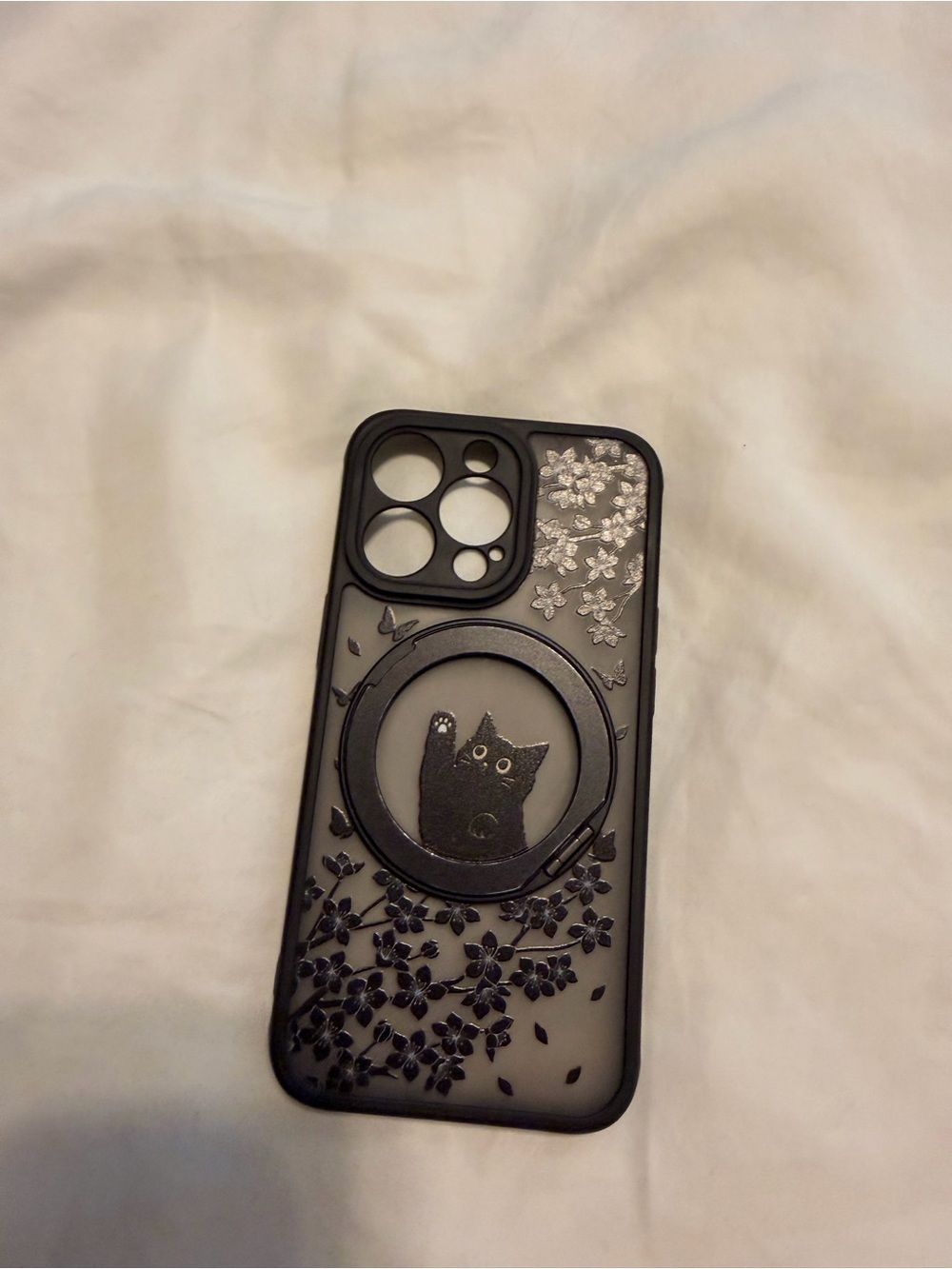 Black Cat Floral iPhone 13 Pro Case with Ring Grip